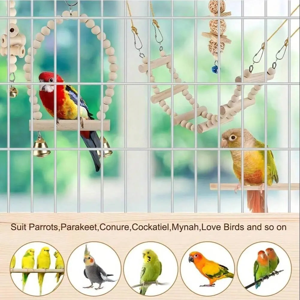 Random Bird Parrot Swing Toy, 5 Counts/Set, Chewing, Standing and Hanging Perch, Hammock and Climbing Ladder, Bird Cage Toys for Budgerigar, Parakeet, Finches and Other Small to Medium Birds, Bird Perches for Cage