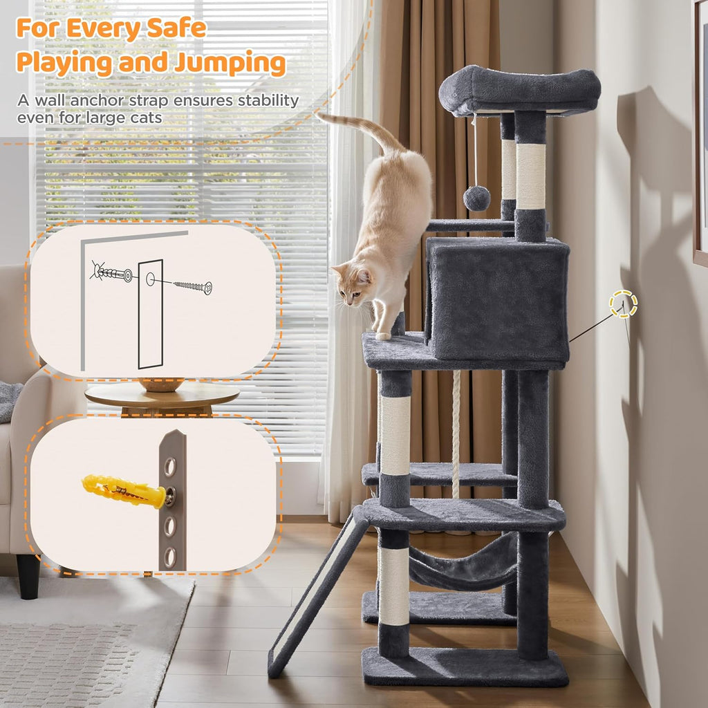 Yaheetech 54In Cat Tree Tower for Large Cats, Multi-Level Condo & Hammock | Sisal Scratching Posts, Roomy Condo Holds up to 22 Lb, a Wide 21-Inch Top Perch Fit Large Cats, Dark Gray
