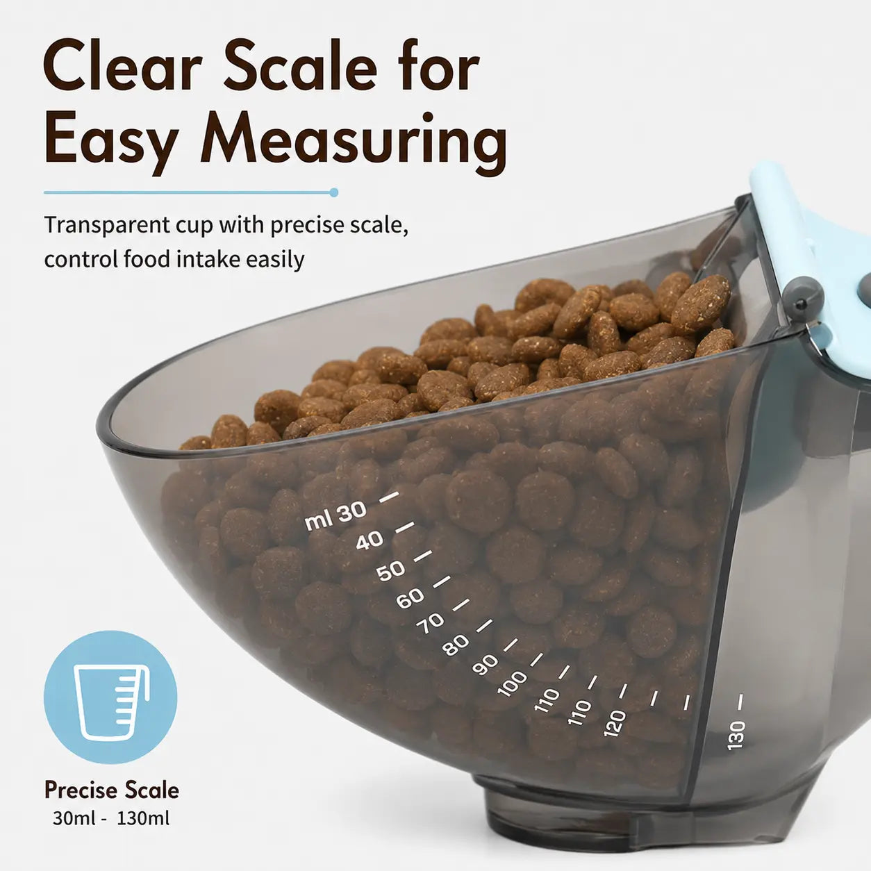 CATMUSE Adjustable Food-Grade Pet Food Scoop with Clear Measuring Scale, 1-Hand Operation Kibble Scooper for Cats & Small Dogs, Free Feather Cat Toy Included
