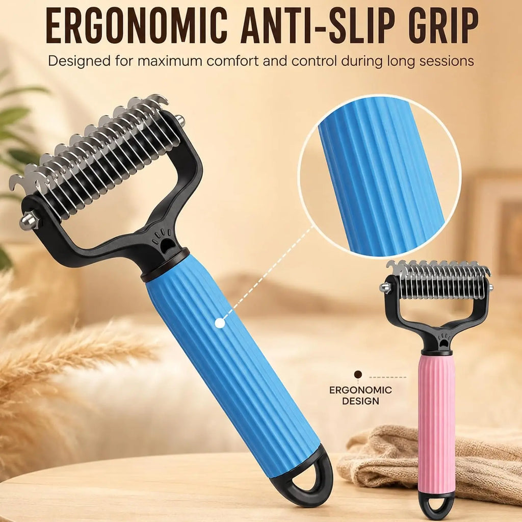 Dual-Sides Stainless Steel Dematting Slicker Comb for Cats & Dogs, Undercoat Rake Grooming Tool for Thick/Long Hair, Dematt & Remove Tangles Knots Loose Fur, Reduces Shedding