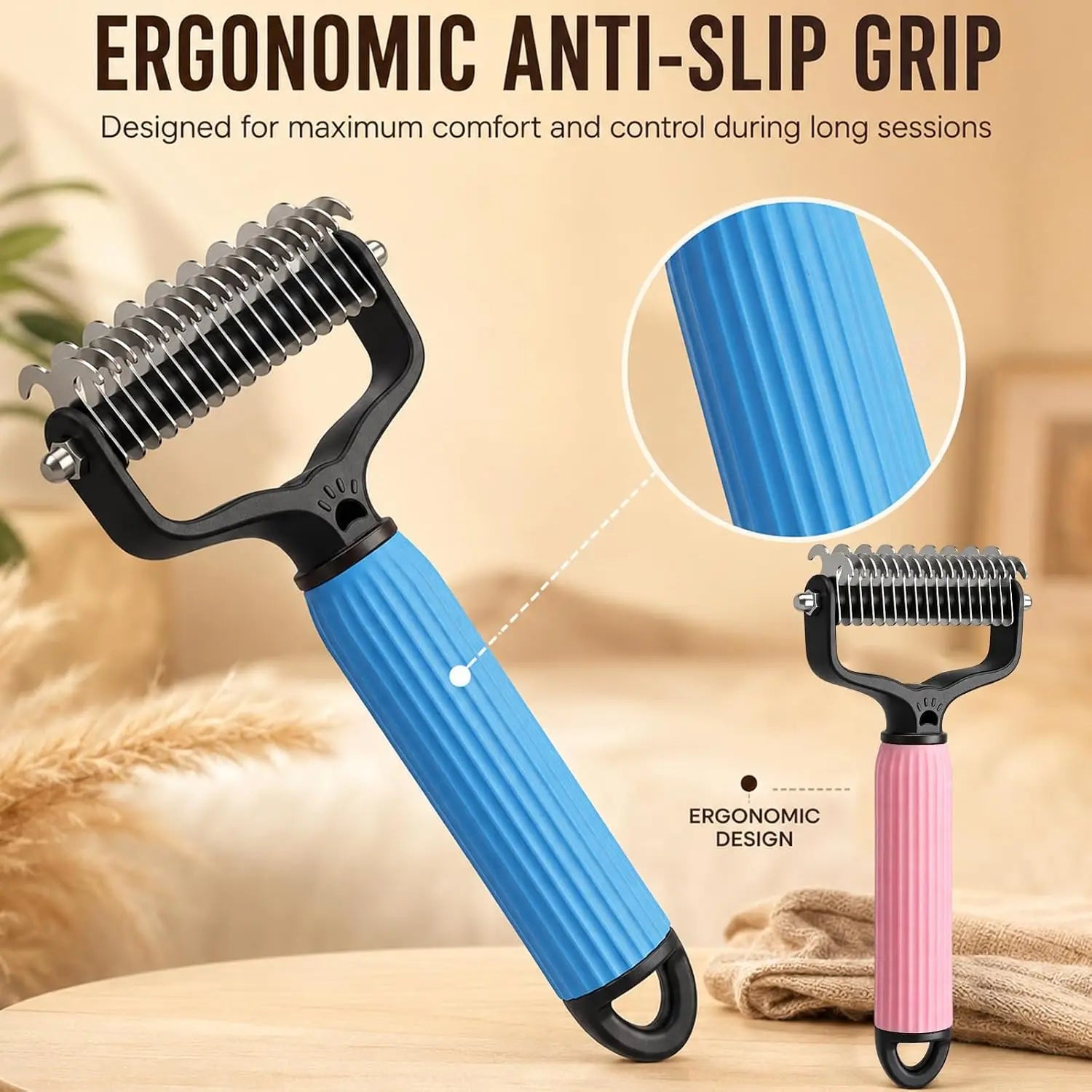 Dual-Sides Stainless Steel Dematting Slicker Comb for Cats & Dogs, Undercoat Rake Grooming Tool for Thick/Long Hair, Dematt & Remove Tangles Knots Loose Fur, Reduces Shedding
