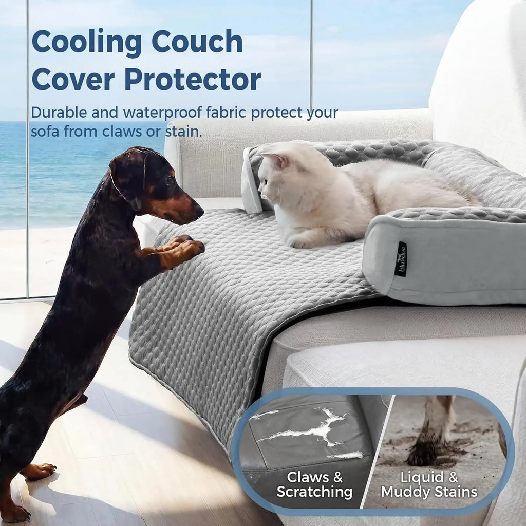 Blunique Cooling Dog Couch Bed with Bolster Sides - Q-Max >0.35, Waterproof Fabric, Non-Slip Base, Easy Cleaning, Cooling Touch Surface, Supportive Rest - Puppy Bed for Home & Camping Use