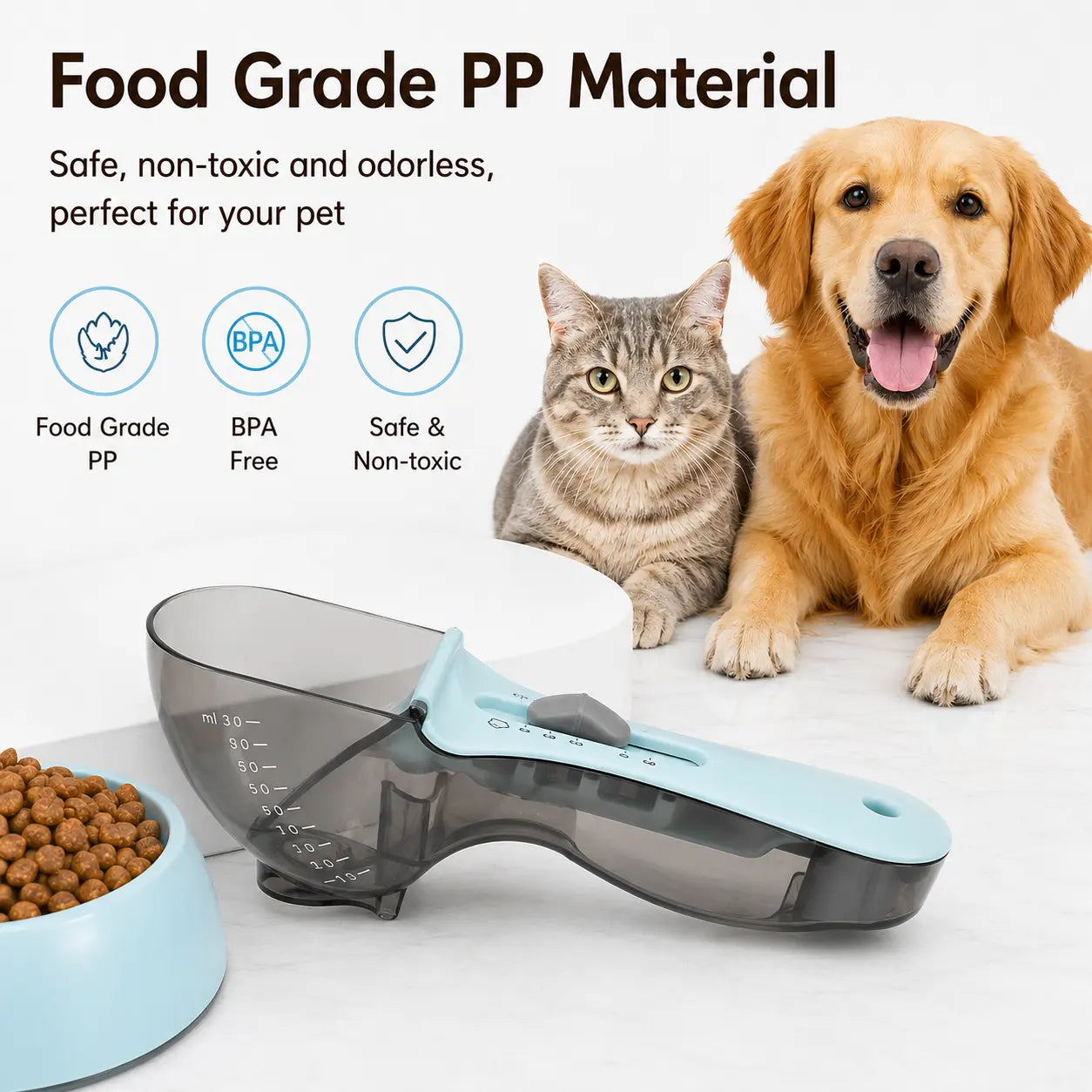 CATMUSE Adjustable Food-Grade Pet Food Scoop with Clear Measuring Scale, 1-Hand Operation Kibble Scooper for Cats & Small Dogs, Free Feather Cat Toy Included