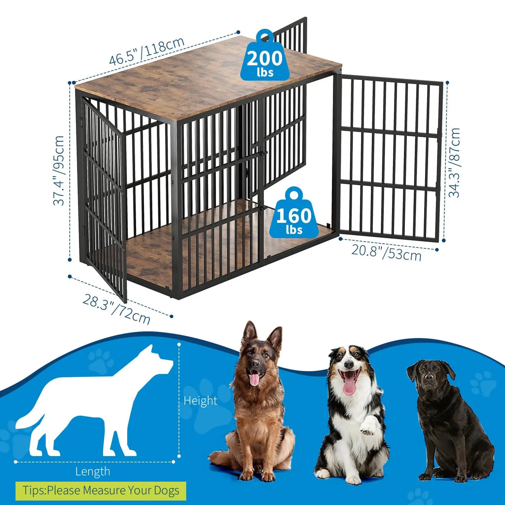 48" Dog Crate Furniture, 3-In-1 Dog Kennel with 3 Lockable Doors & Heavy Duty Metal Frame & Wooden Panels, XXL Crate End Table for Medium to Large Breeds
