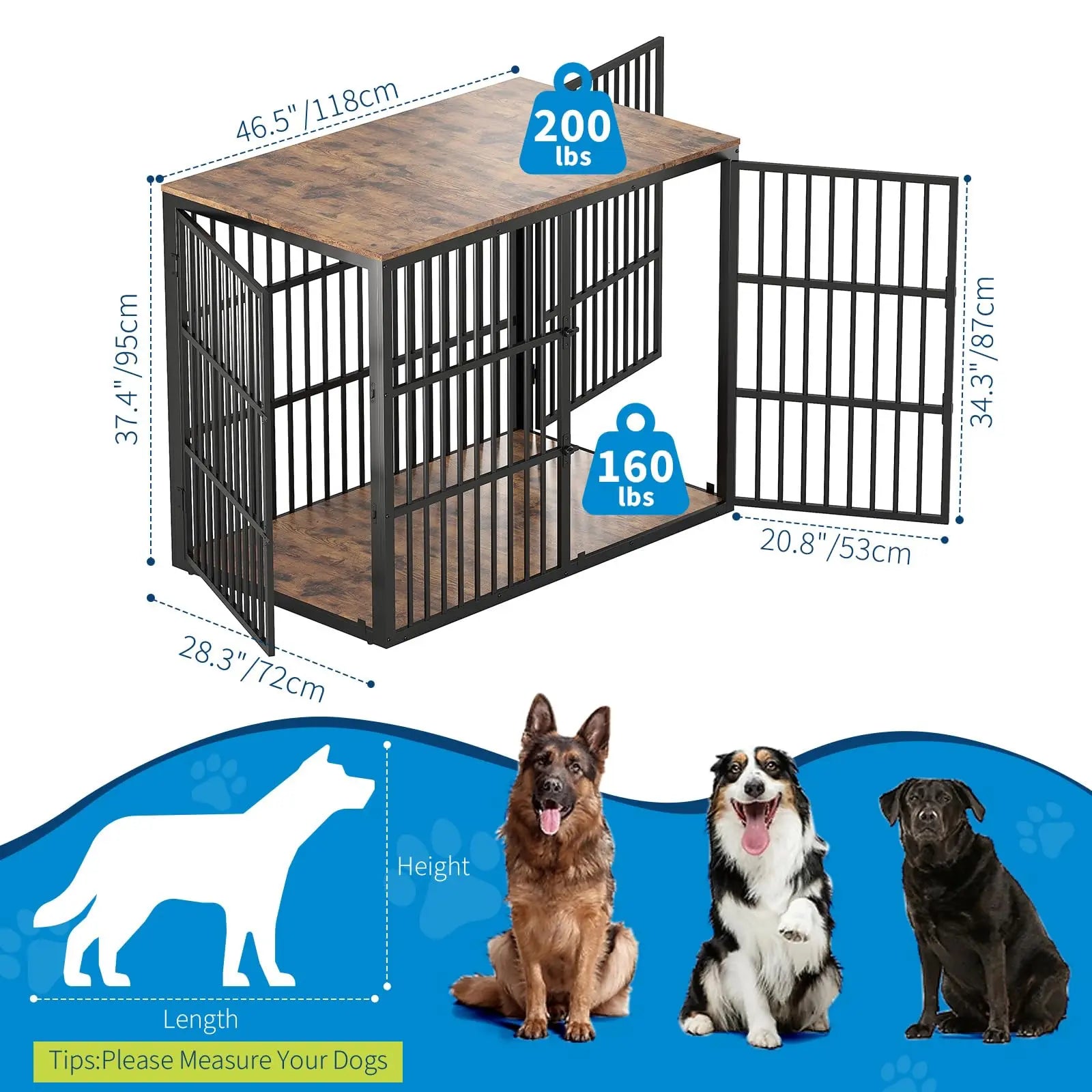 48" Dog Crate Furniture, 3-In-1 Dog Kennel with 3 Lockable Doors & Heavy Duty Metal Frame & Wooden Panels, XXL Crate End Table for Medium to Large Breeds
