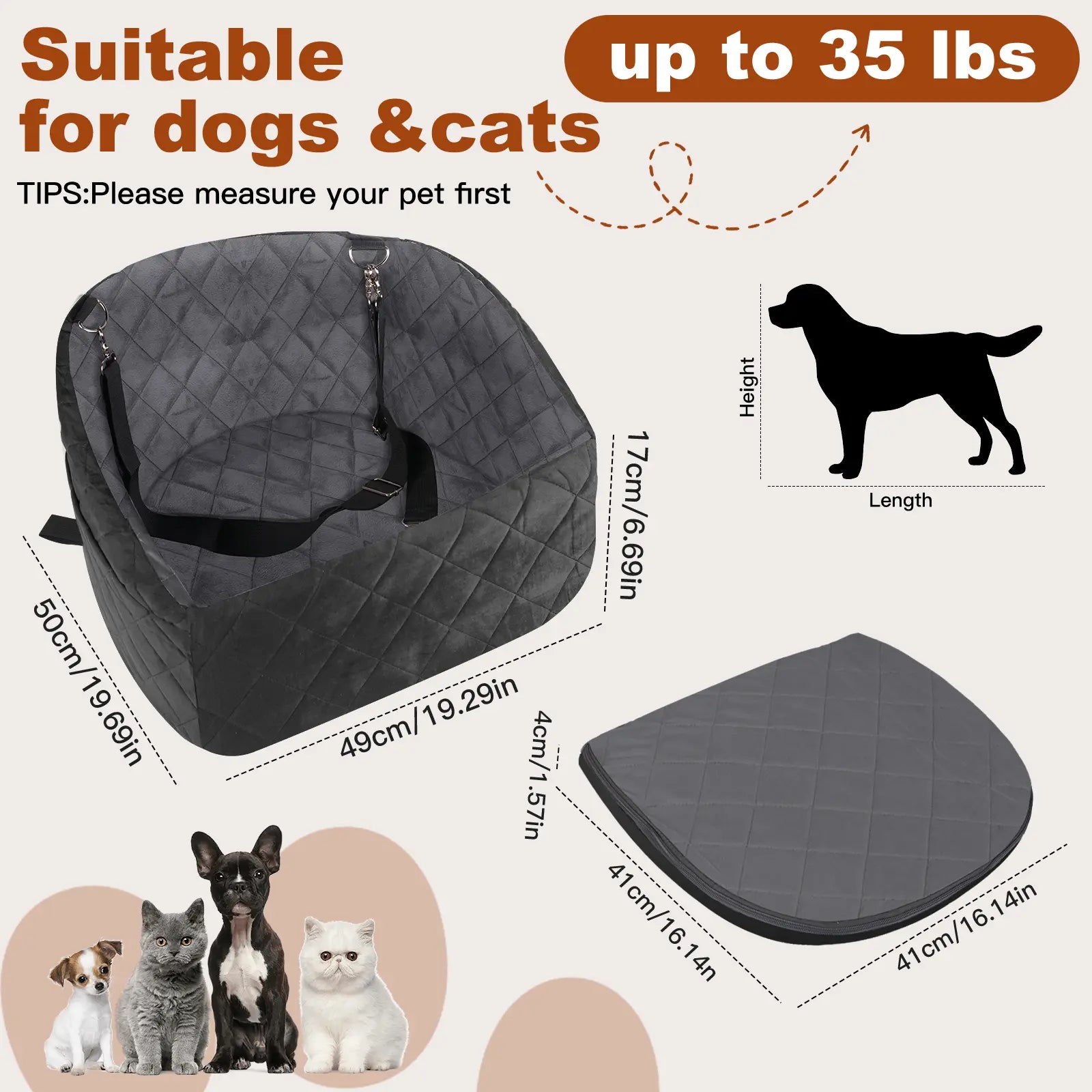 Dog Car Seat for Small Medium Dogs,Detachable Washable Dog Booster Seat under 35Lbs, Pet Car Seat Travel Bed with Storage Pockets and Dog Safety Belt (Black)