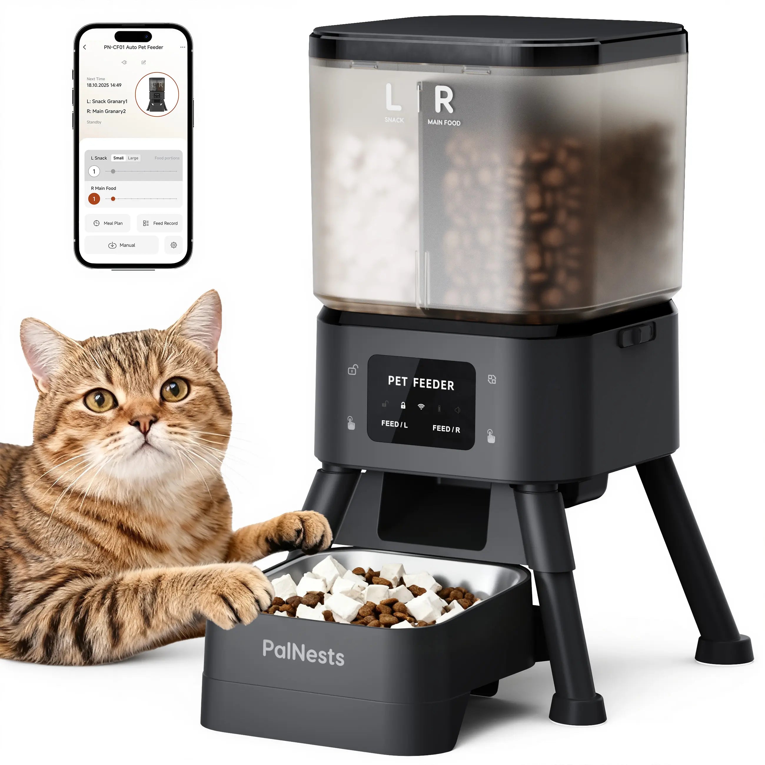Palnests Dual-Cavity Smart Automatic Pet Feeder, 4L Dry Food Dispenser with Stainless Steel Bowls, Timed Dual-Band 2.4Ghz & 5Ghz Wifi, Airtight Freshness-Locking, App Control, Personalized Feeding Plans, Powered for Cats & Small/Medium Dogs, Power Supply,