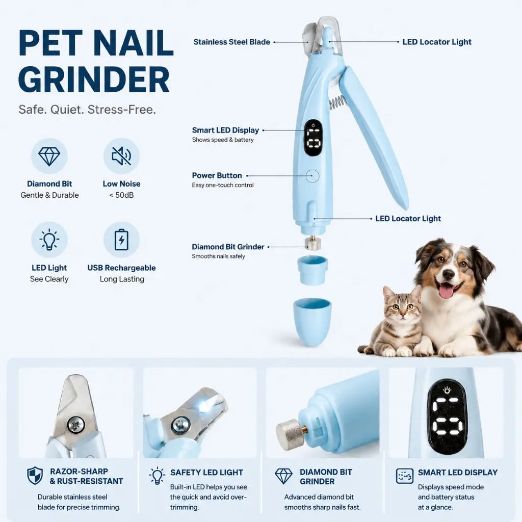 Oak & Paw Professional 2-In-1 Stainless Steel Pet Nail Clipper and Grinder, Ultra-Quiet 2-Speed Smart Trimmer with Dual-Led Shadow-Free View, Safe Cutting Universal Fit for Dogs & Cats