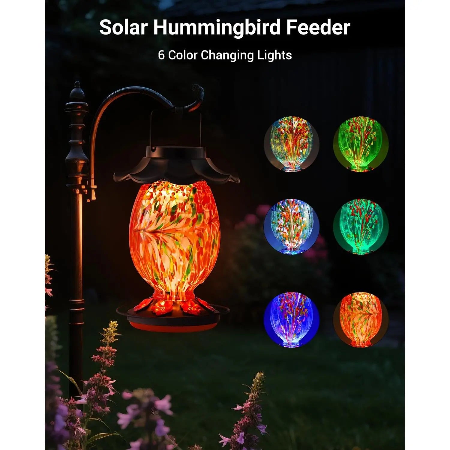 Solar Hummingbird Feeder - 49 Fl.Oz Hand Blown Glass Color Changing - 7 Feeding Ports with Perch - Never Leak - Hummingbird Feeder