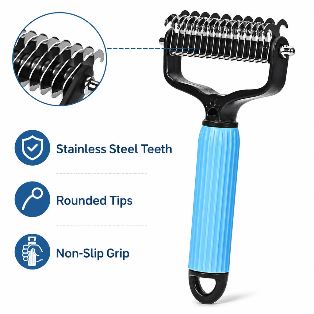 Dual-Sides Stainless Steel Dematting Slicker Comb for Cats & Dogs, Undercoat Rake Grooming Tool for Thick/Long Hair, Dematt & Remove Tangles Knots Loose Fur, Reduces Shedding