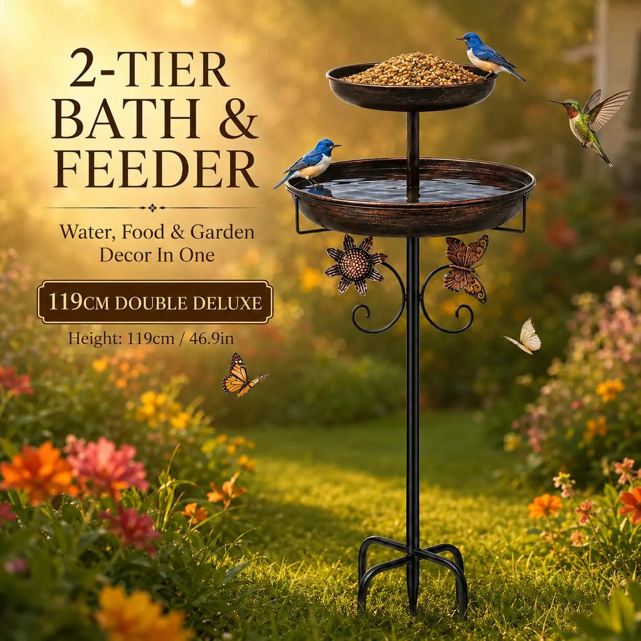 119Cm Metal Bird Bath Feeder for Outdoors, 2-Tier Bird Bath and Feeder Stand, Garden Yard Decor for Wild Birds