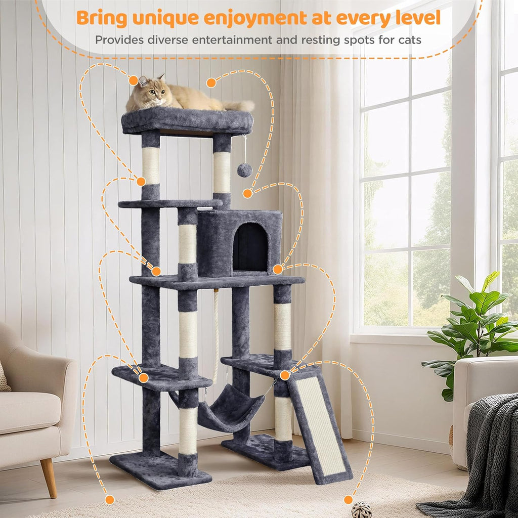 Yaheetech 54In Cat Tree Tower for Large Cats, Multi-Level Condo & Hammock | Sisal Scratching Posts, Roomy Condo Holds up to 22 Lb, a Wide 21-Inch Top Perch Fit Large Cats, Dark Gray