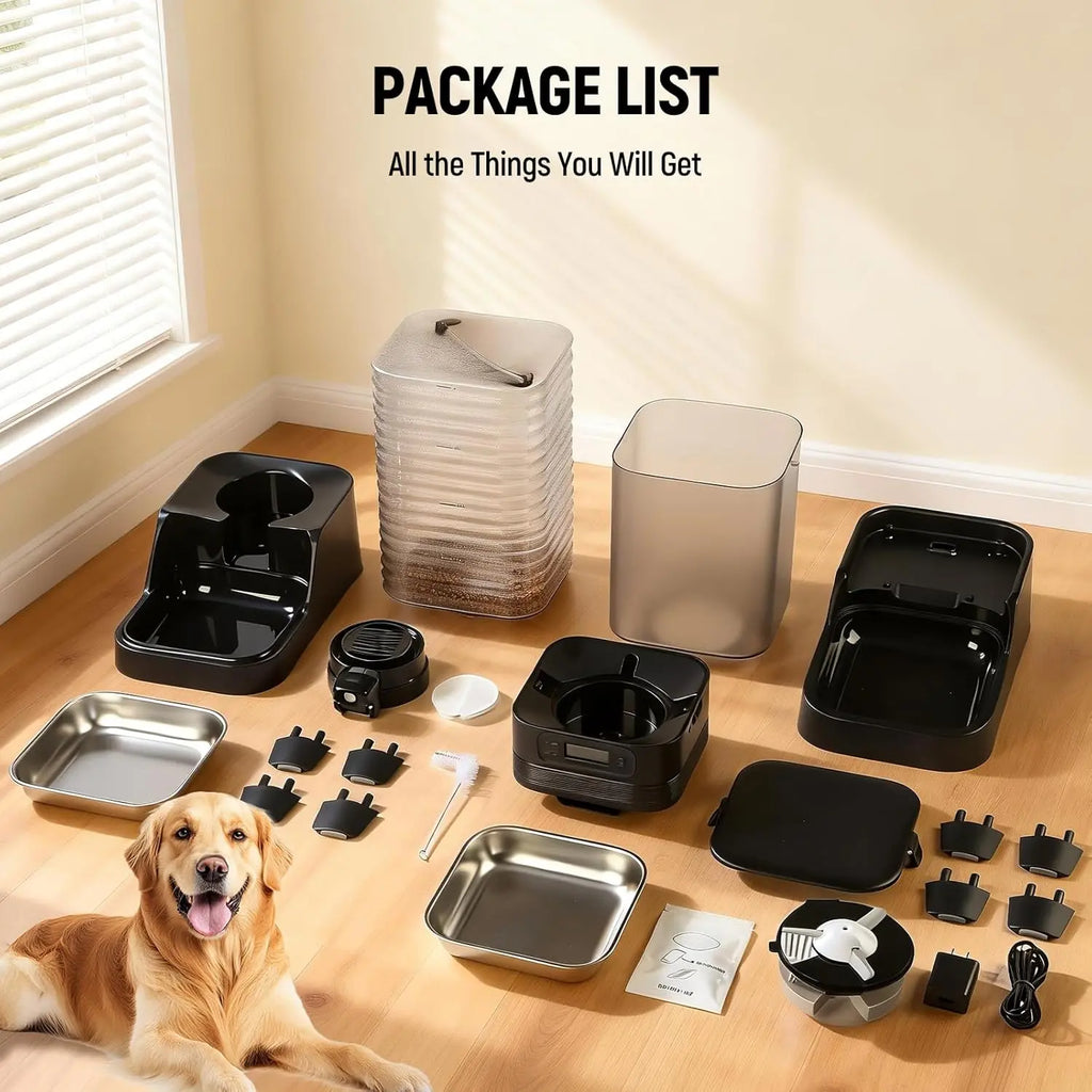 【Marchul】Automatic Pet Feeder & Water Dispenser Combo, 7L Timed Food Dispenser + 8L Gravity Waterer with Stainless Steel Bowls, Raised Anti-Strain Base, up to 6 Programmable Meals, Battery & Plug-In Dual Power for Cats & Small Dogs