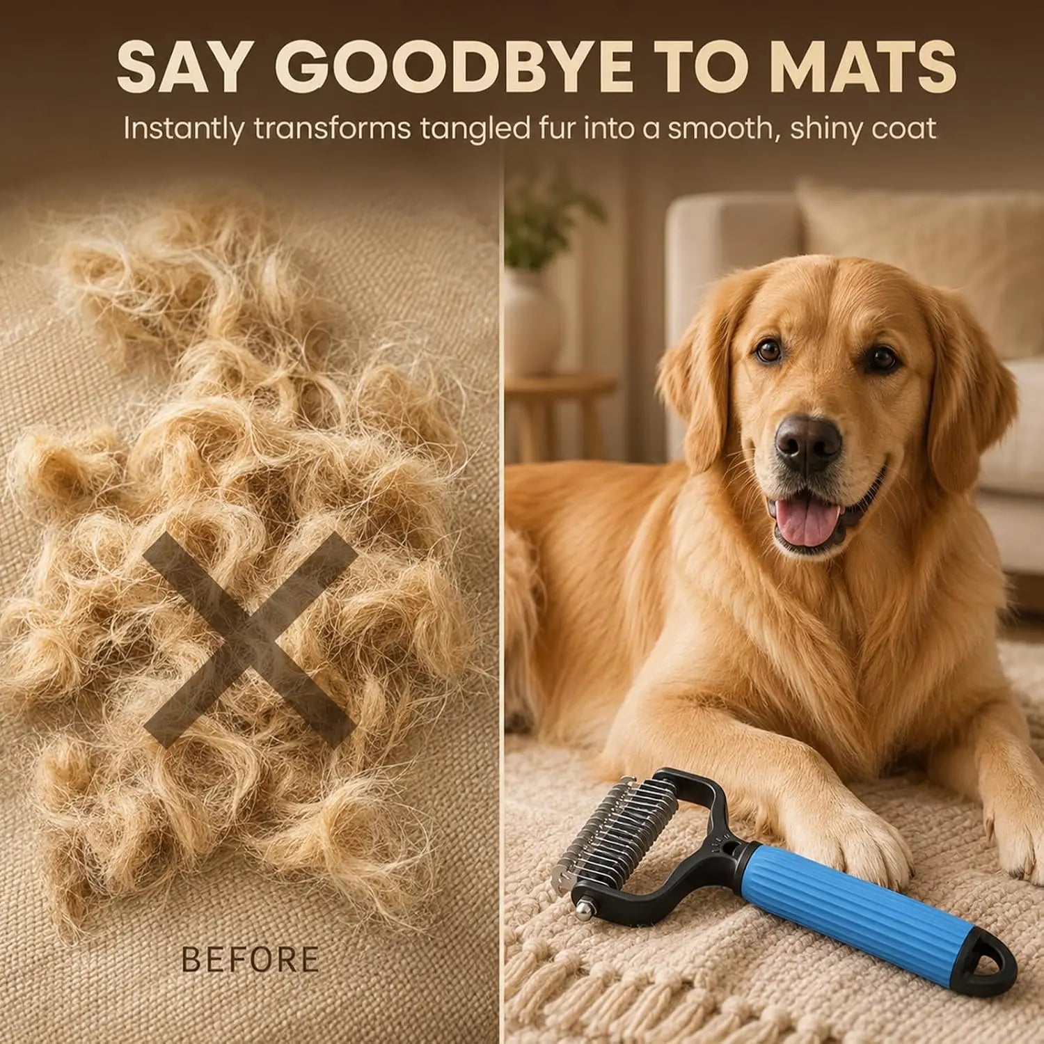 Dual-Sides Stainless Steel Dematting Slicker Comb for Cats & Dogs, Undercoat Rake Grooming Tool for Thick/Long Hair, Dematt & Remove Tangles Knots Loose Fur, Reduces Shedding