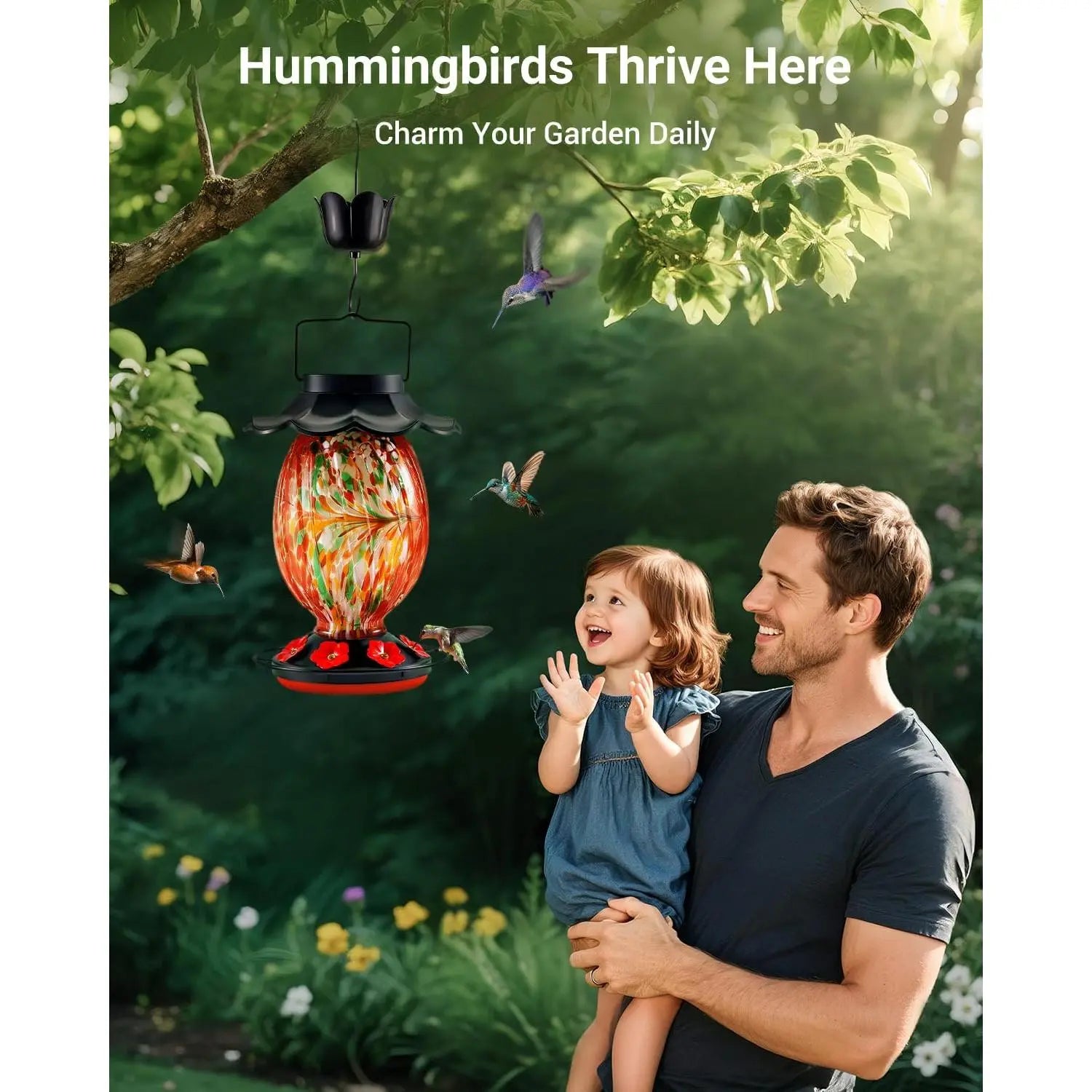 Solar Hummingbird Feeder - 49 Fl.Oz Hand Blown Glass Color Changing - 7 Feeding Ports with Perch - Never Leak - Hummingbird Feeder