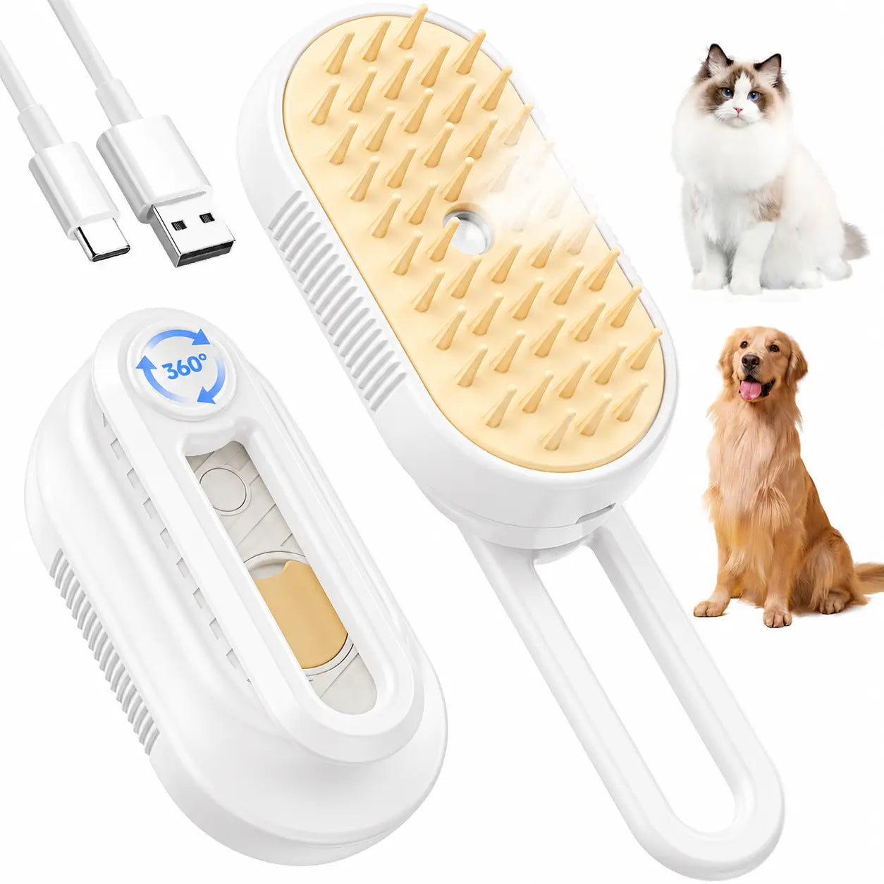 Cat Steam Brush for Shedding, 4 in 1 Brushs with Foldable Handle, Steam Brushs for Cats, Spritz Defur Comb for Cats, Water Brush for Cat, Pet Spray Hair Removal Comb