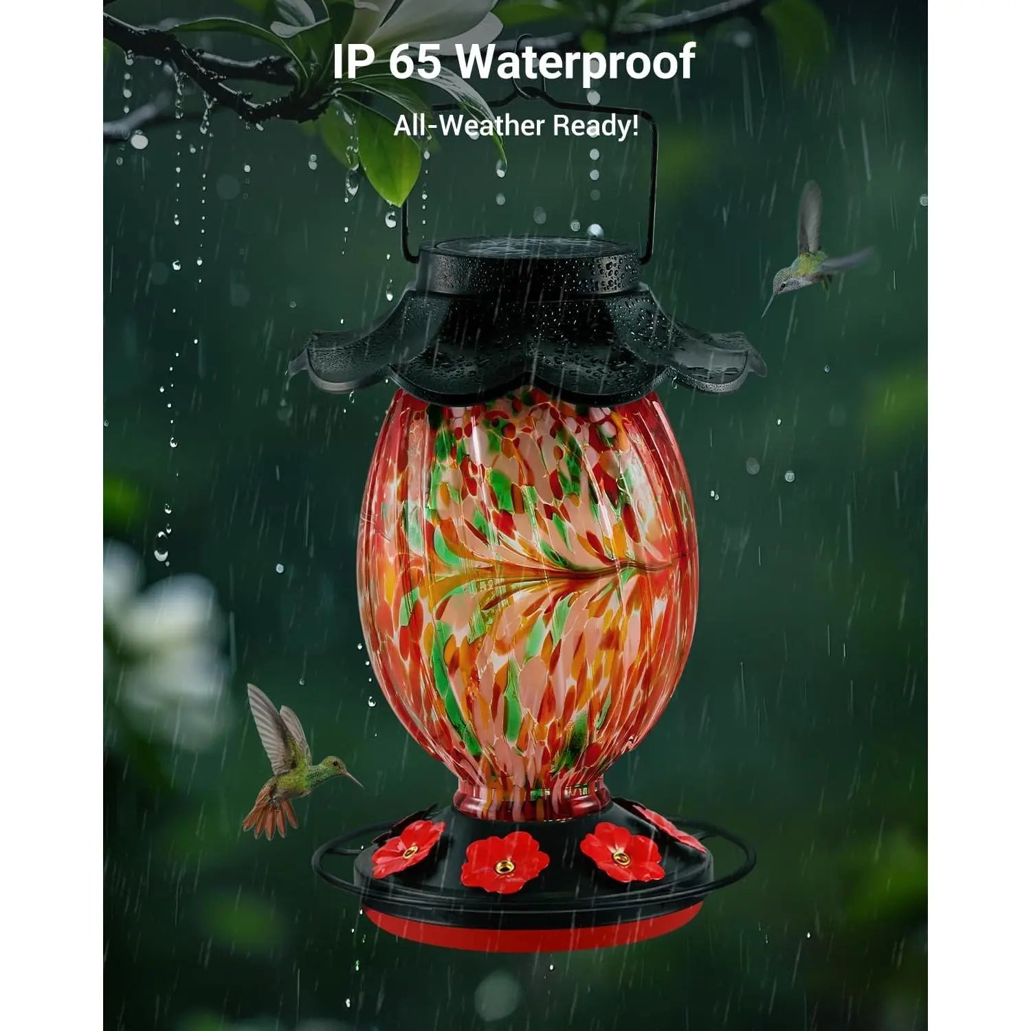 Solar Hummingbird Feeder - 49 Fl.Oz Hand Blown Glass Color Changing - 7 Feeding Ports with Perch - Never Leak - Hummingbird Feeder