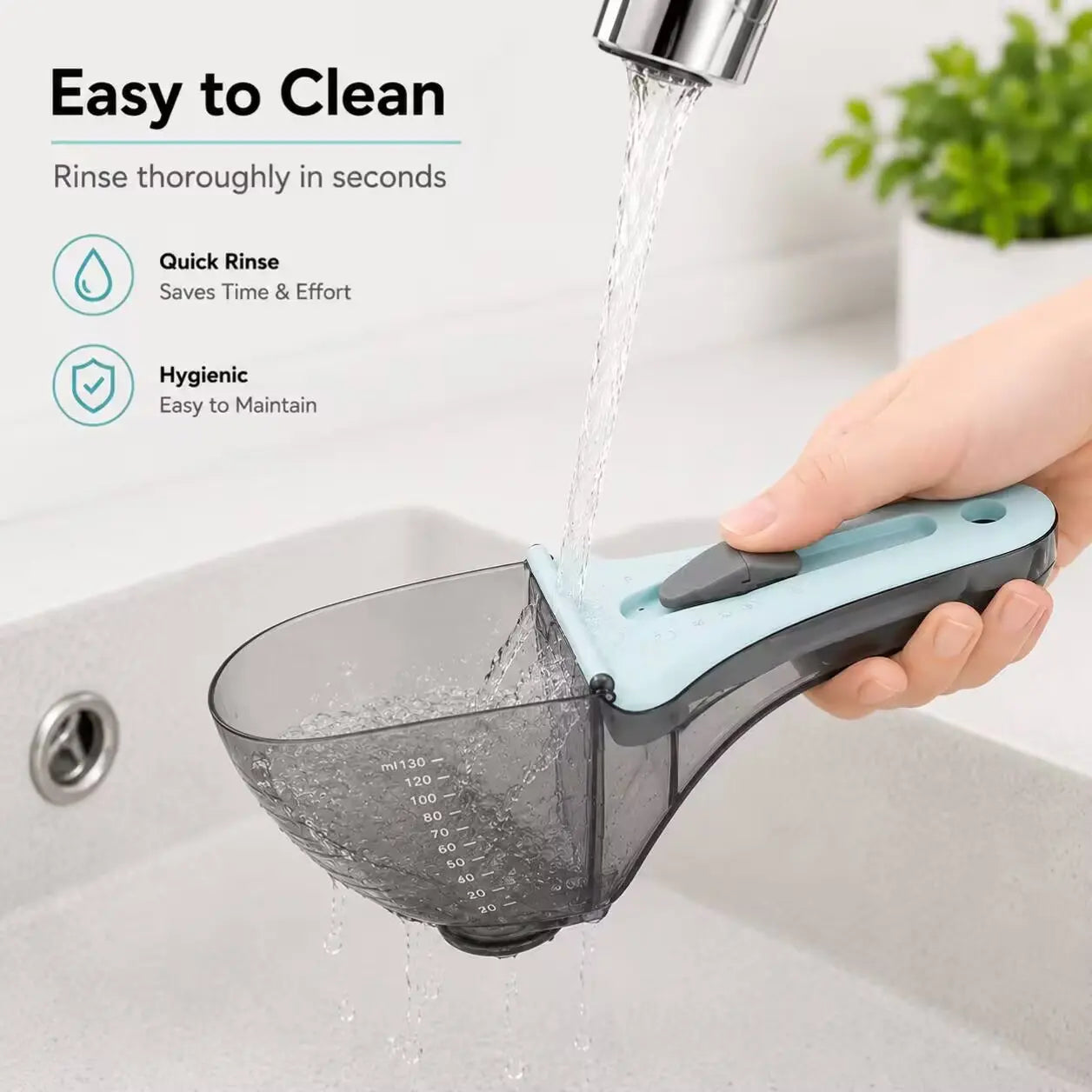CATMUSE Adjustable Food-Grade Pet Food Scoop with Clear Measuring Scale, 1-Hand Operation Kibble Scooper for Cats & Small Dogs, Free Feather Cat Toy Included