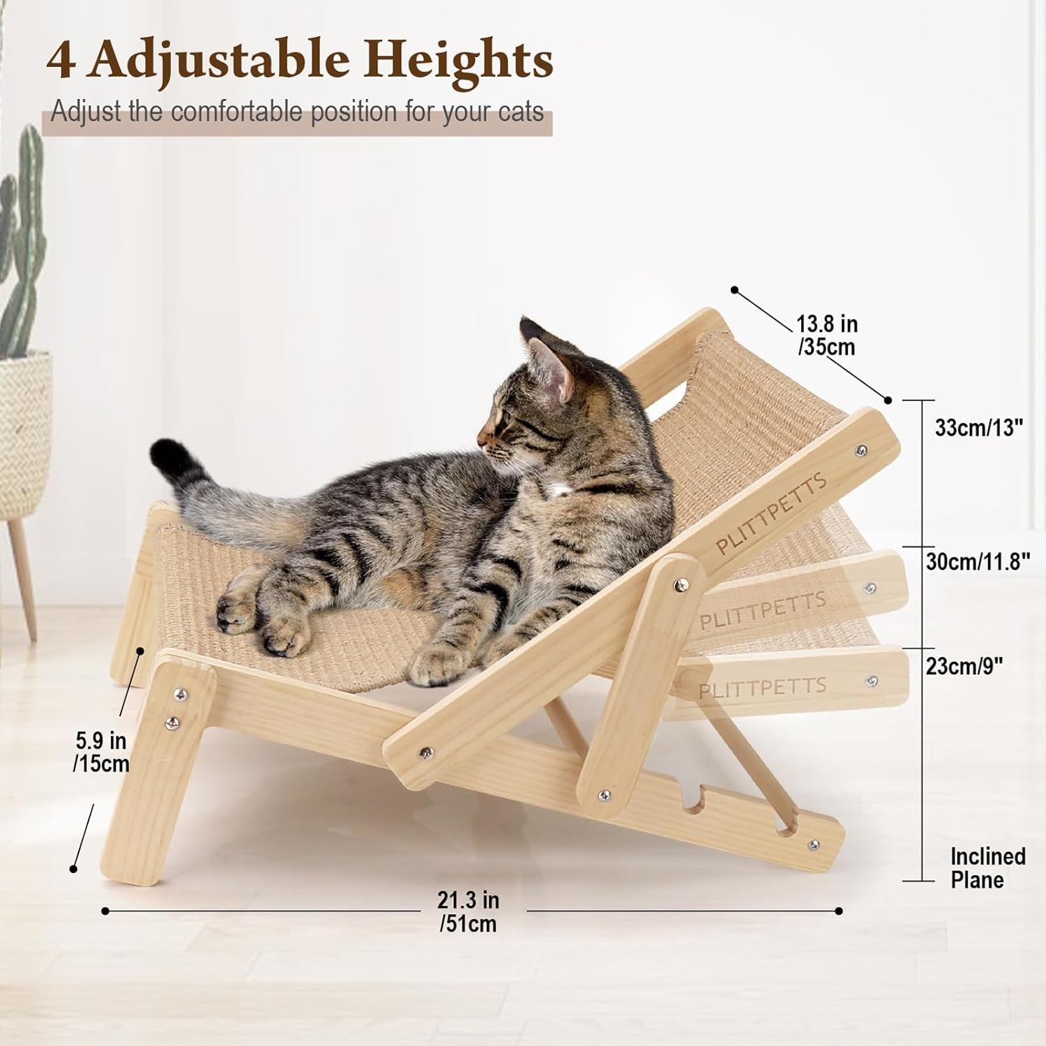 Sisal Cat Scratcher, Adjustable 4-Position Cats Scratcher Lounge | 2-In-1 Cat Chair for Indoor Cats, Cat Hammock for Scratching Pad,Natural Sisal Scratch Post,Space-Saving Lounger Chair Design
